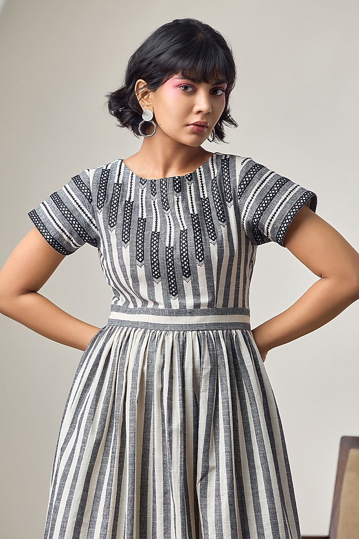 Ivory & Black Cotton Lace Embroidered Striped Maxi Summer Dress by Maisolos at Pernia's Pop Up Shop