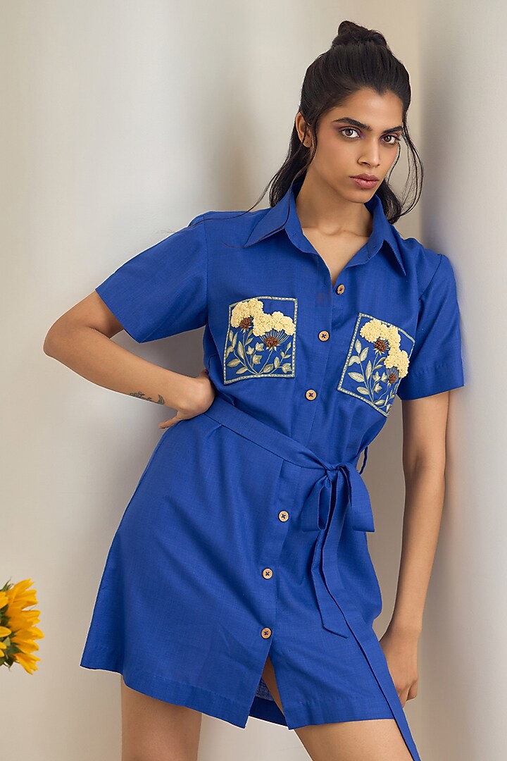 Electric Blue Cotton Linen Floral Embroidered Mini Summer Dress by Maisolos at Pernia's Pop Up Shop