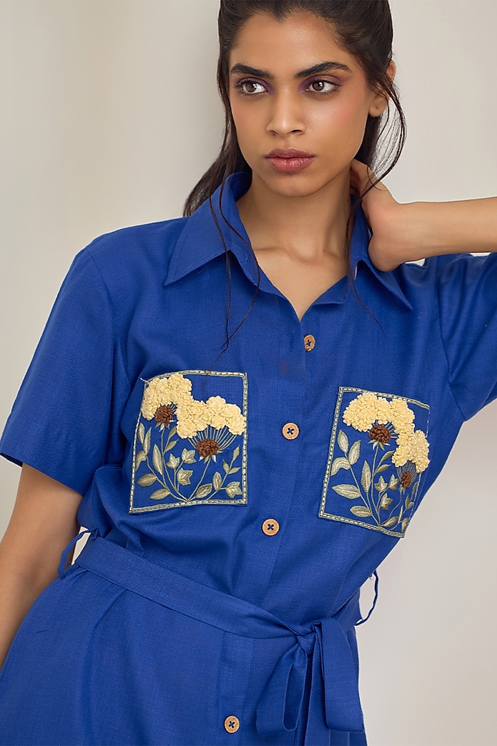 Electric Blue Cotton Linen Floral Embroidered Mini Summer Dress by Maisolos at Pernia's Pop Up Shop
