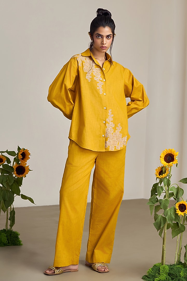 Mustard Cotton Linen Embroidered Co-Ord Set by Maisolos at Pernia's Pop Up Shop