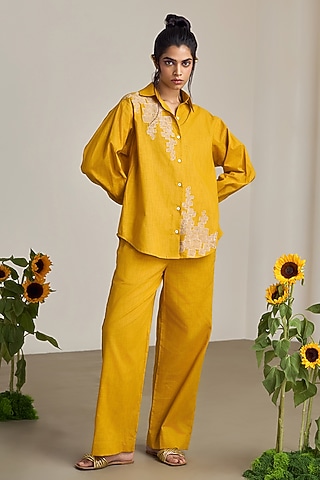 Mustard Cotton Linen Embroidered Co-Ord Set by Maisolos