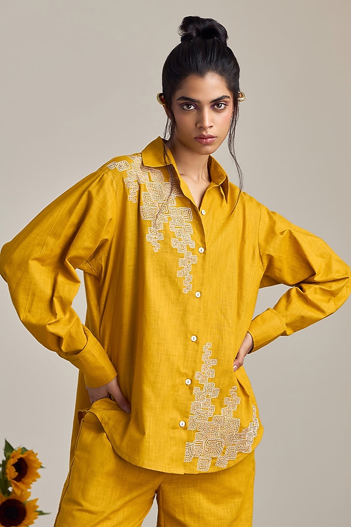 Mustard Cotton Linen Embroidered Co-Ord Set by Maisolos at Pernia's Pop Up Shop