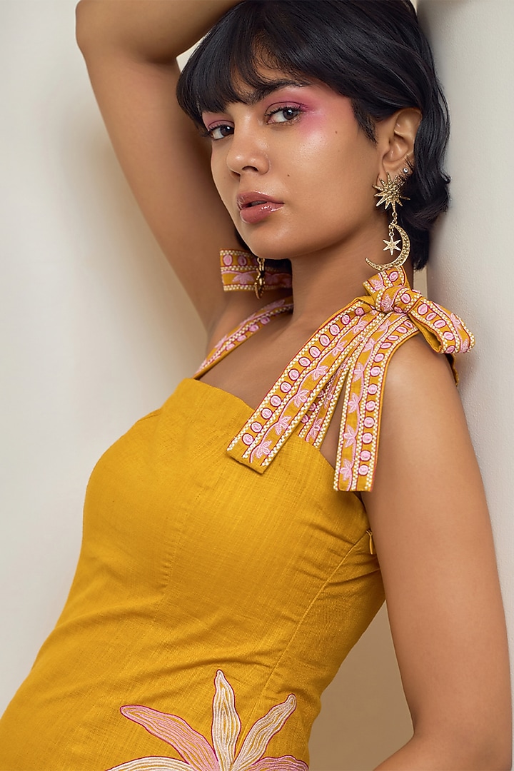 Mustard Cotton Linen Printed Mini Summer Dress by Maisolos at Pernia's Pop Up Shop