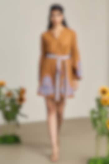 Brown Cotton Linen Embroidered Mini Summer Dress by Maisolos at Pernia's Pop Up Shop