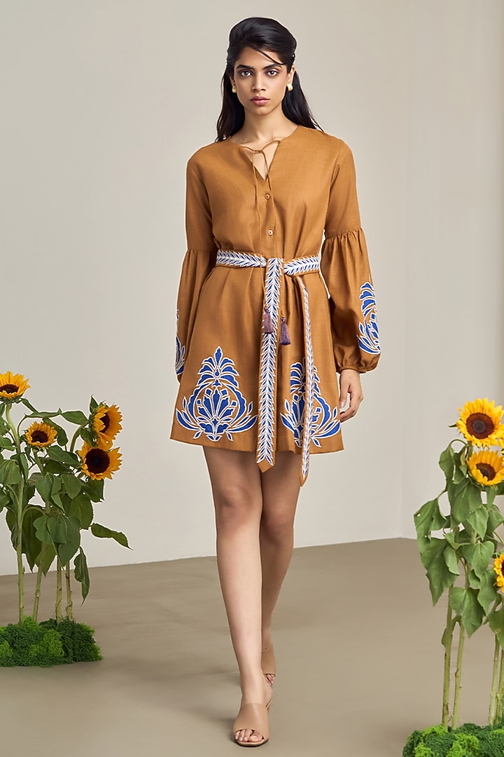 Brown Cotton Linen Embroidered Mini Summer Dress by Maisolos at Pernia's Pop Up Shop