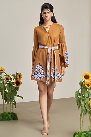 Brown Cotton Linen Embroidered Mini Dress by Maisolos