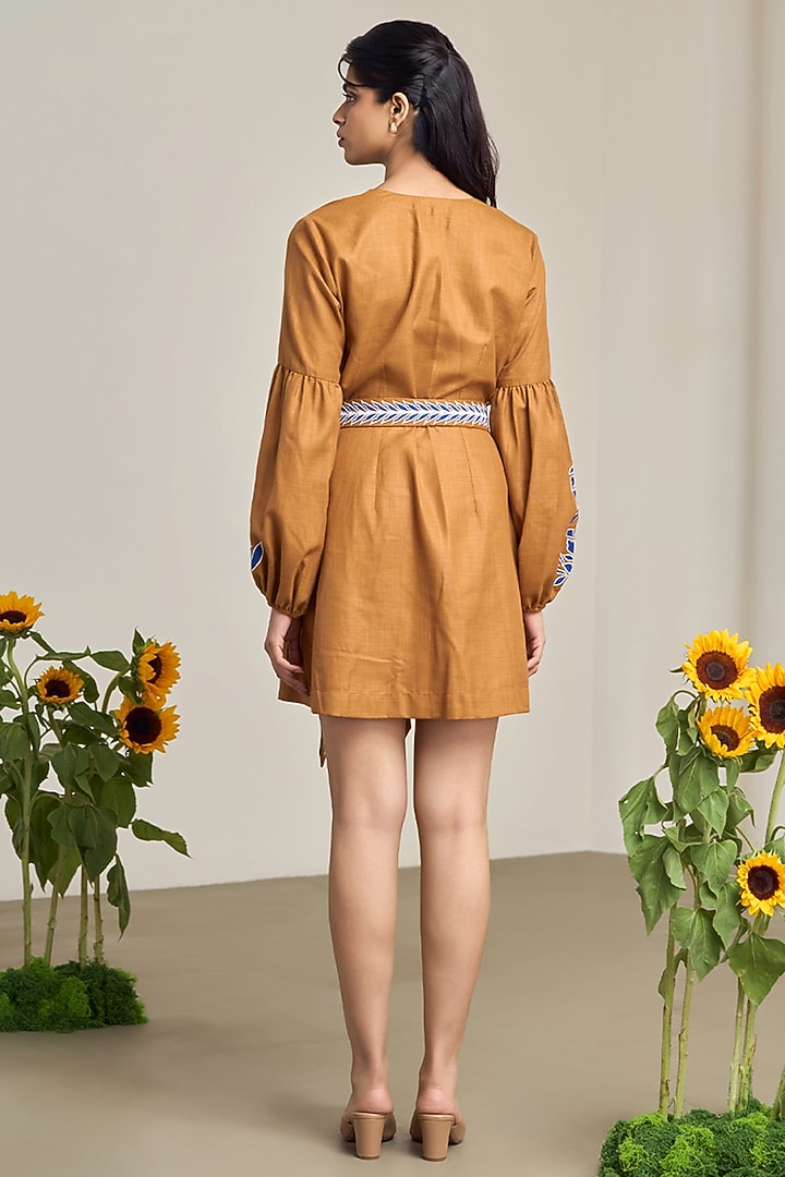 Brown Cotton Linen Embroidered Mini Summer Dress by Maisolos at Pernia's Pop Up Shop