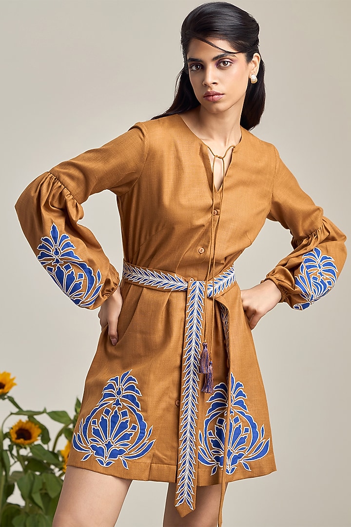 Brown Cotton Linen Embroidered Mini Summer Dress by Maisolos at Pernia's Pop Up Shop