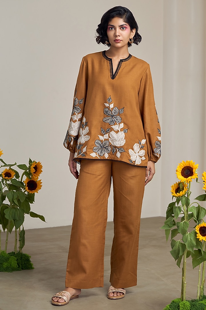 Brown Cotton Linen Embroidered Co-Ord Set by Maisolos at Pernia's Pop Up Shop