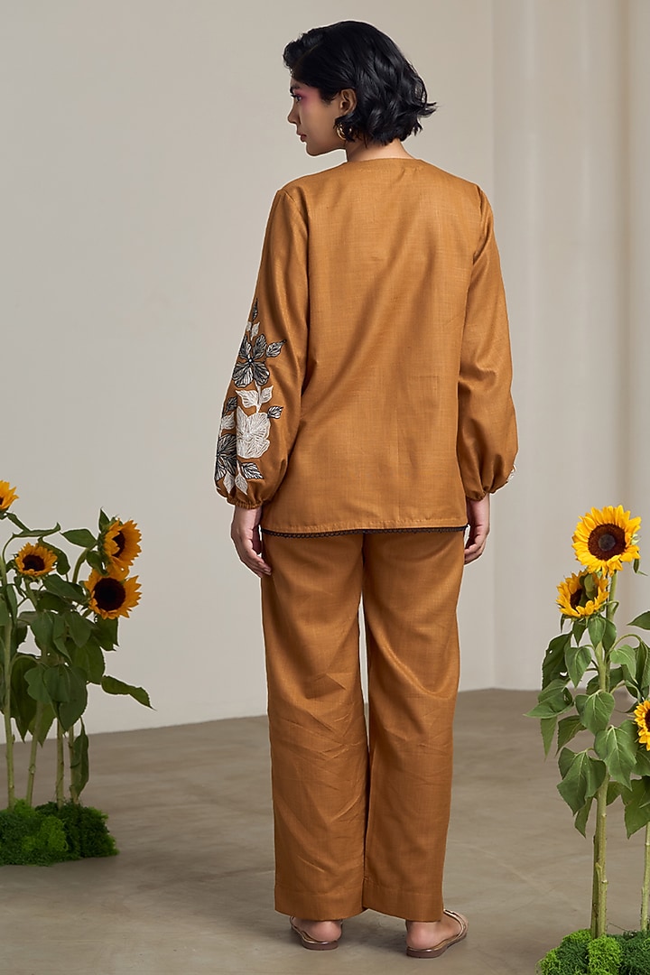 Brown Cotton Linen Embroidered Co-Ord Set by Maisolos at Pernia's Pop Up Shop