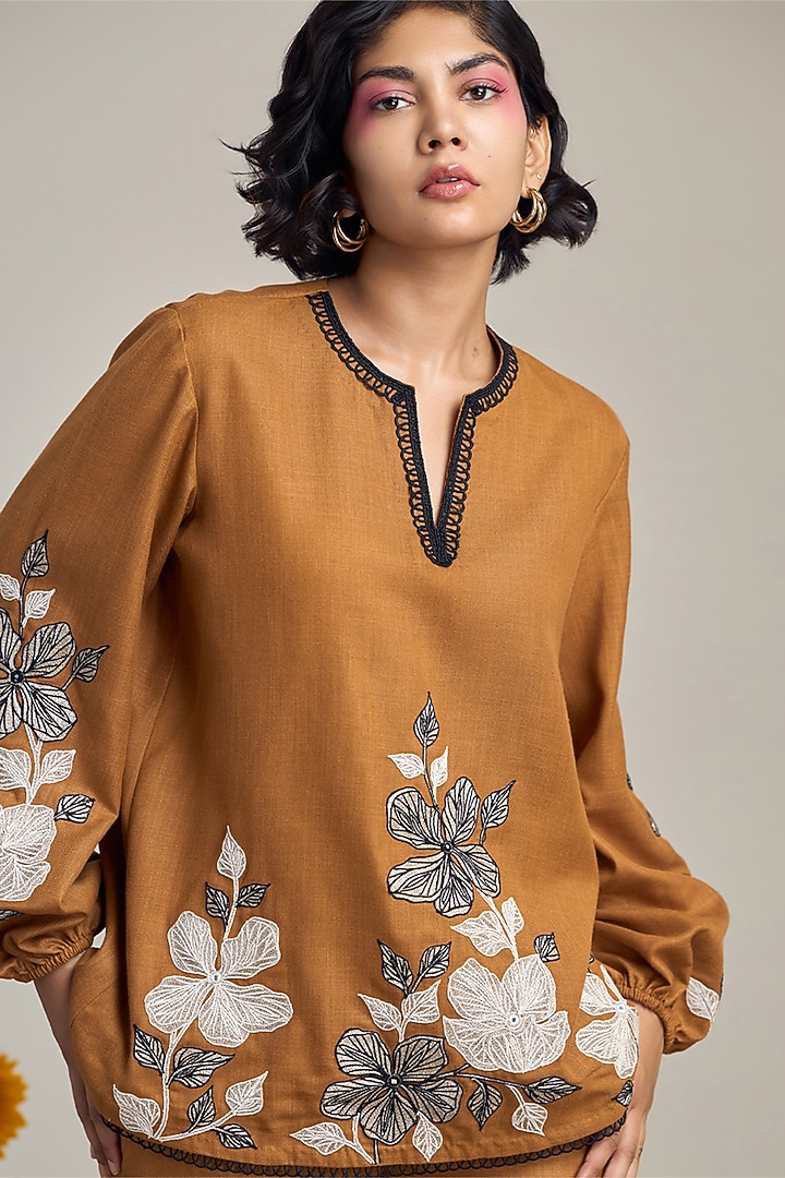 Brown Cotton Linen Embroidered Co-Ord Set by Maisolos at Pernia's Pop Up Shop