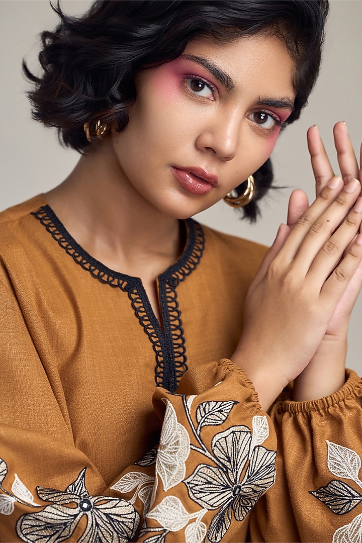 Brown Cotton Linen Embroidered Co-Ord Set by Maisolos at Pernia's Pop Up Shop