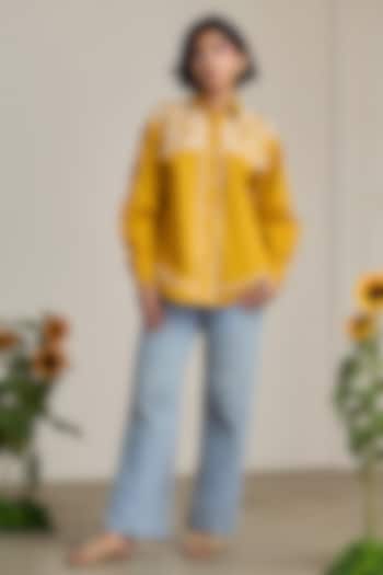 Mustard Cotton Linen Cutwork Embroidered Shirt by Maisolos at Pernia's Pop Up Shop