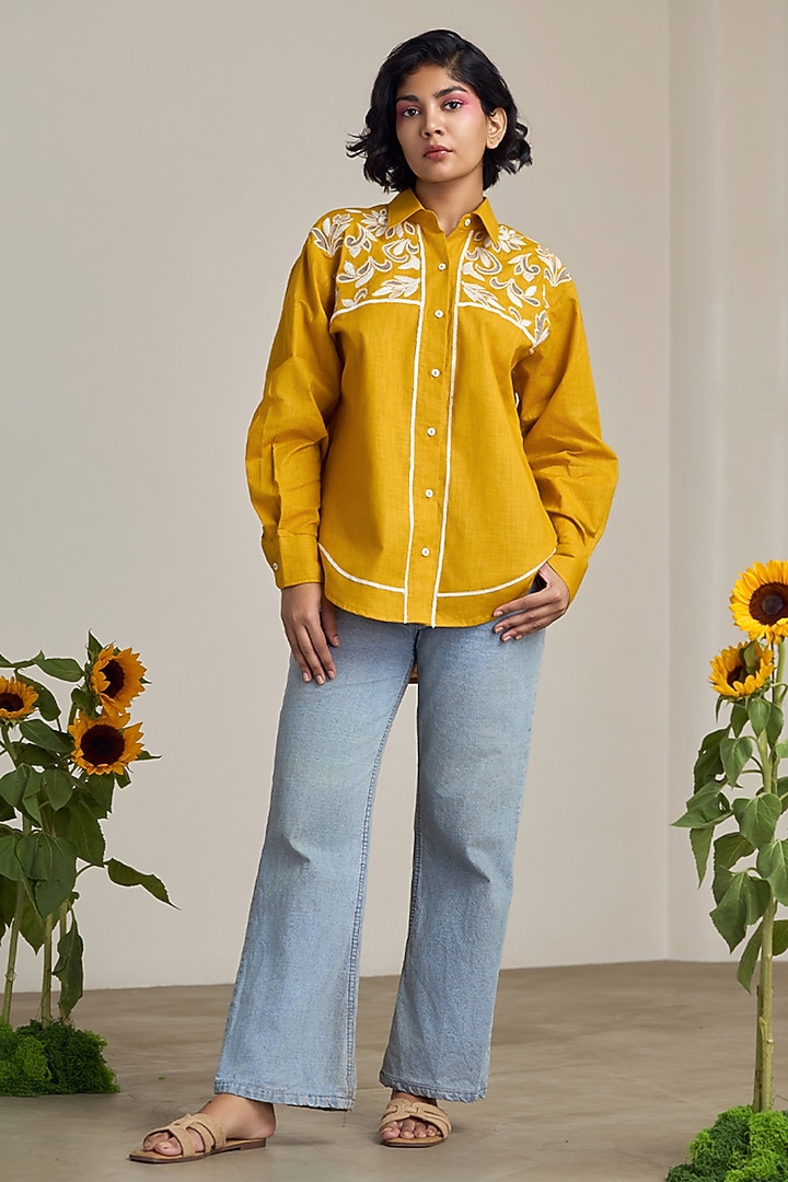 Mustard Cotton Linen Cutwork Embroidered Shirt by Maisolos at Pernia's Pop Up Shop