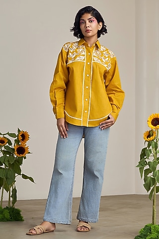 Mustard Cotton Linen Cutwork Embroidered Shirt by Maisolos