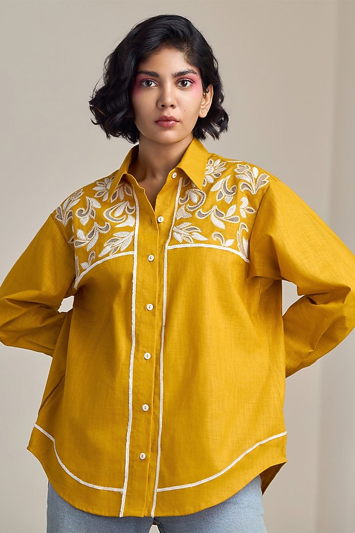 Mustard Cotton Linen Cutwork Embroidered Shirt by Maisolos at Pernia's Pop Up Shop