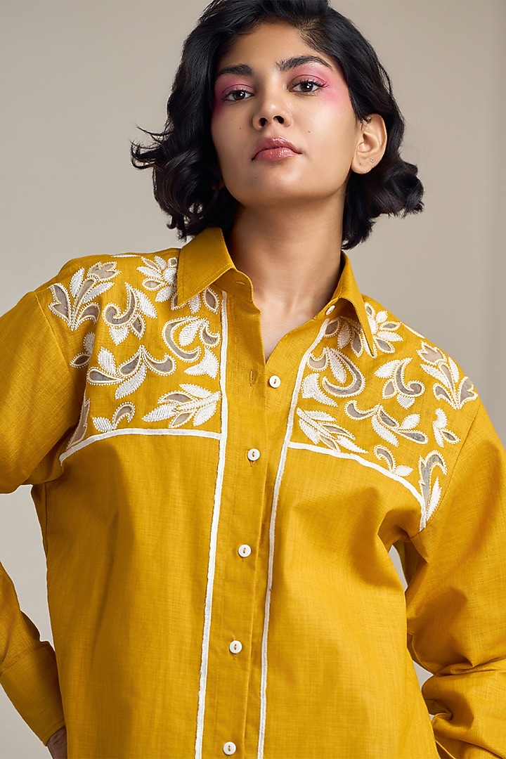 Mustard Cotton Linen Cutwork Embroidered Shirt by Maisolos at Pernia's Pop Up Shop