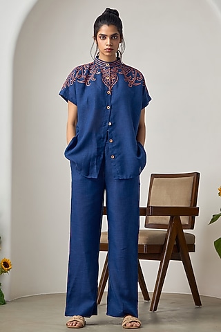 Navy Blue Jute Linen Embroidered Co-Ord Set by Maisolos