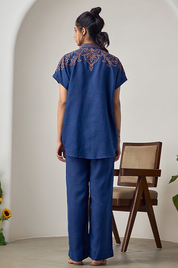 Navy Blue Jute Linen Embroidered Co-Ord Set by Maisolos at Pernia's Pop Up Shop