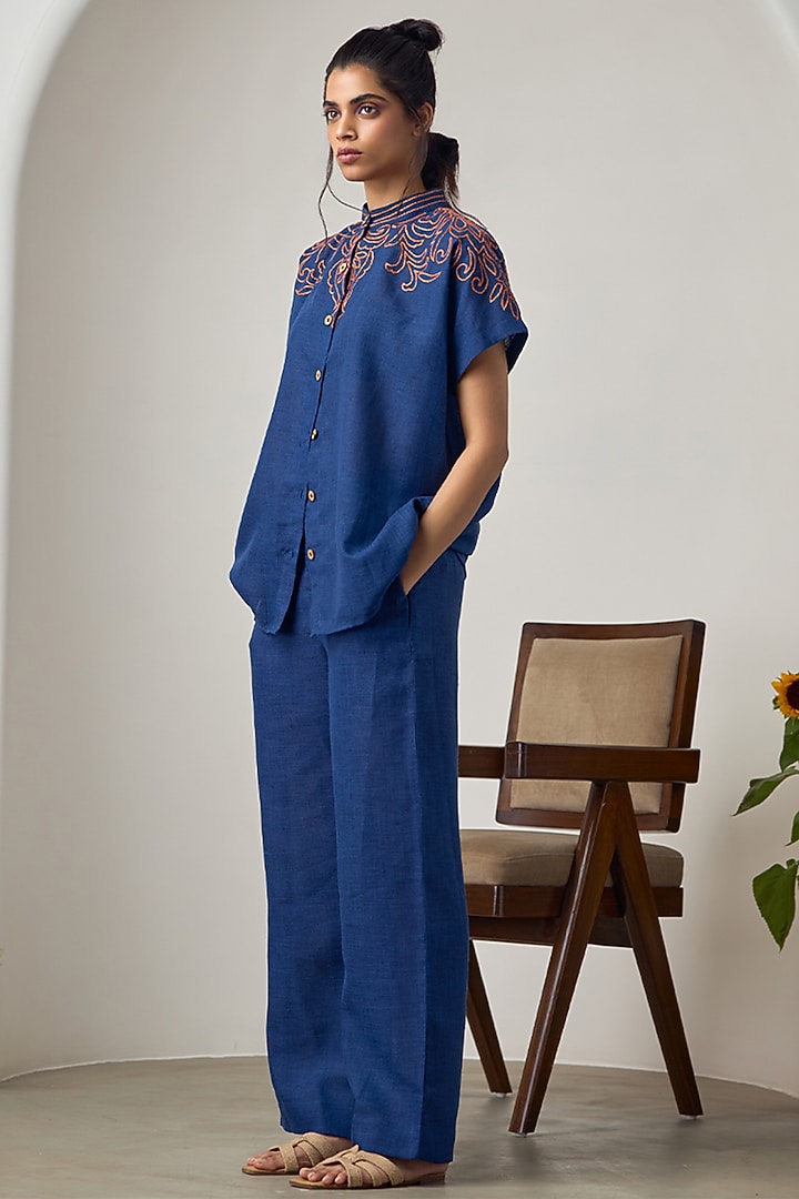 Navy Blue Jute Linen Embroidered Co-Ord Set by Maisolos at Pernia's Pop Up Shop