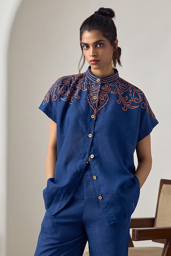 Navy Blue Jute Linen Embroidered Co-Ord Set by Maisolos at Pernia's Pop Up Shop
