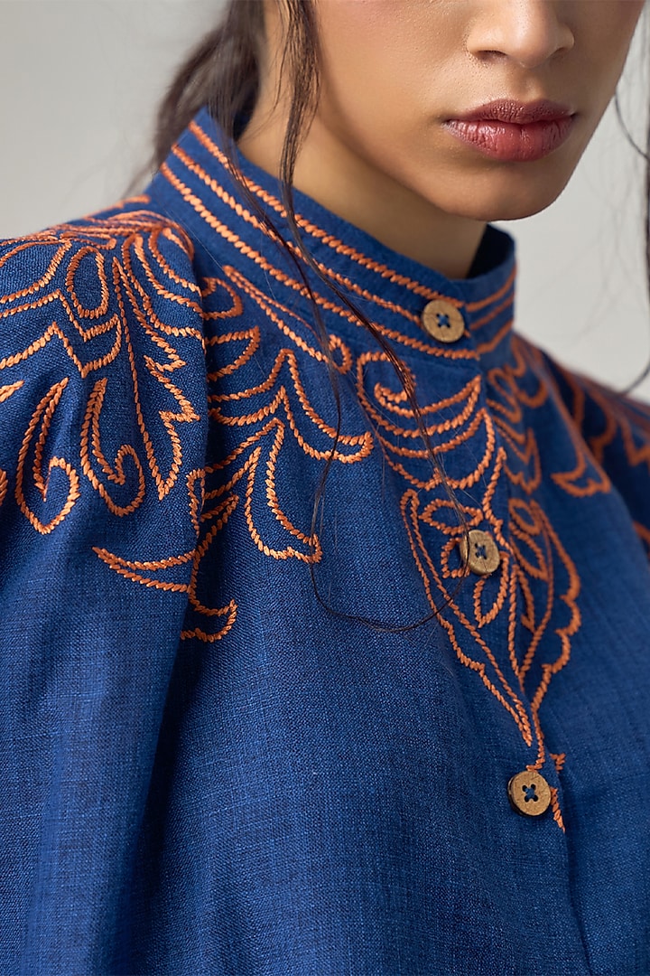 Navy Blue Jute Linen Embroidered Co-Ord Set by Maisolos at Pernia's Pop Up Shop
