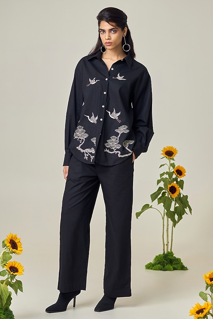 Black Poplin Embroidered Co-Ord Set by Maisolos at Pernia's Pop Up Shop