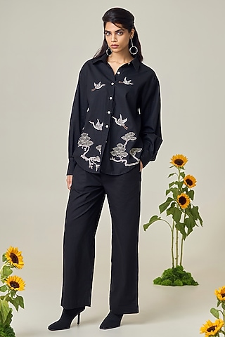Black Poplin Embroidered Co-Ord Set by Maisolos