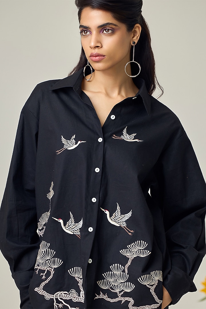 Black Poplin Embroidered Co-Ord Set by Maisolos at Pernia's Pop Up Shop