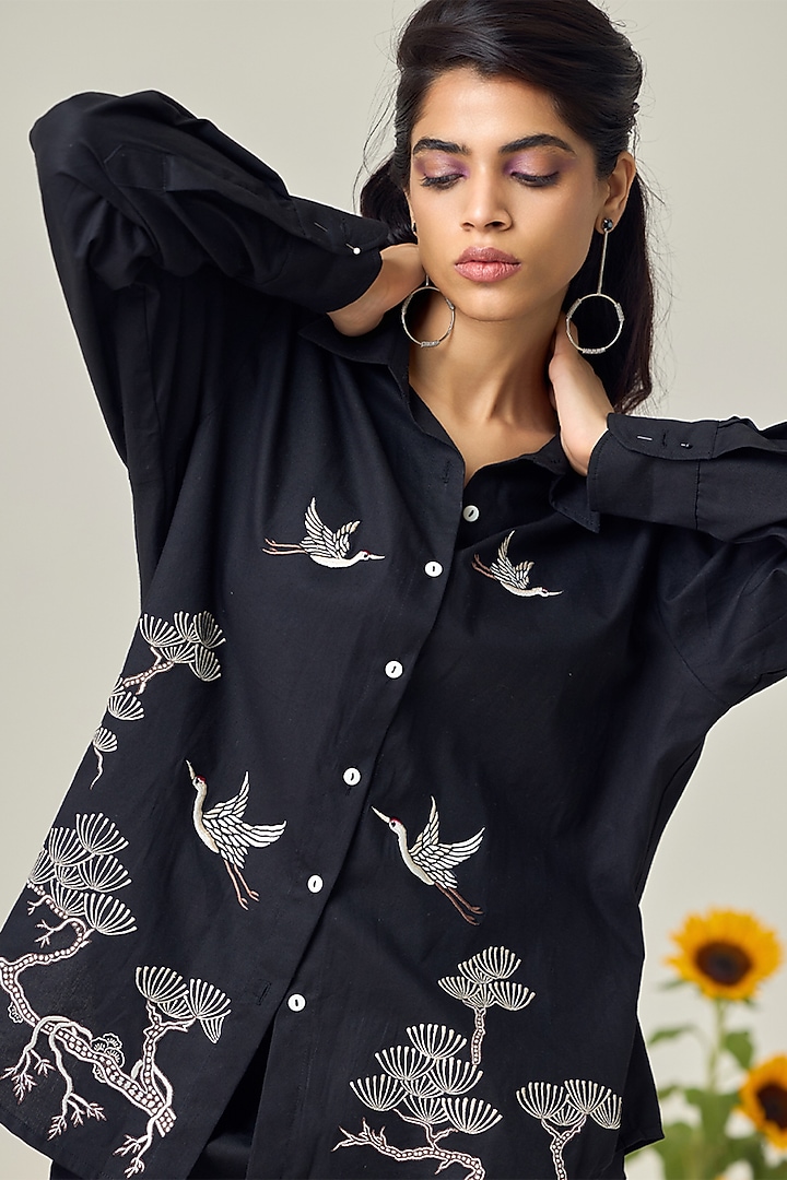 Black Poplin Embroidered Co-Ord Set by Maisolos at Pernia's Pop Up Shop