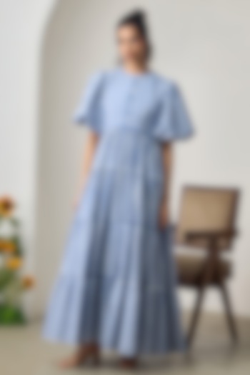 Blue & White Cotton Embroidered Checkered Tiered Vacation Dress by Maisolos at Pernia's Pop Up Shop