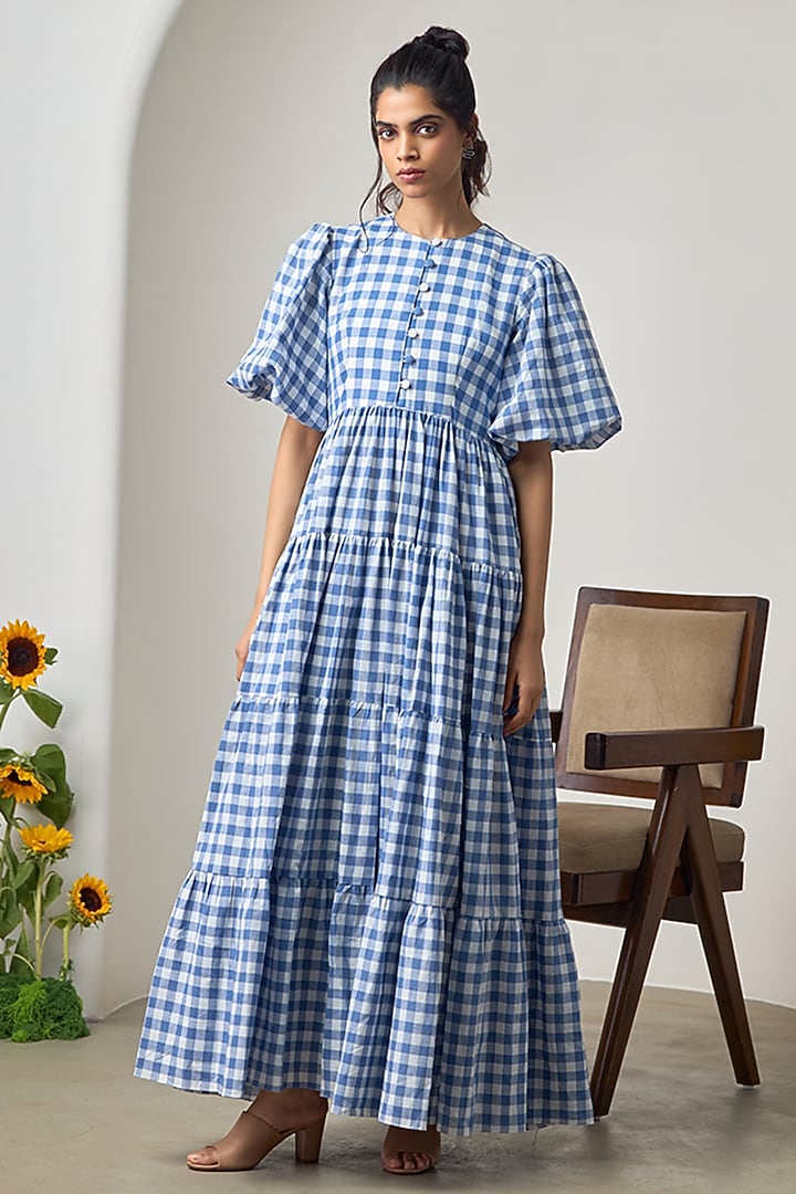 Blue & White Cotton Embroidered Checkered Tiered Vacation Dress by Maisolos at Pernia's Pop Up Shop