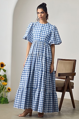 Blue & White Cotton Embroidered Checkered Tiered Dress by Maisolos