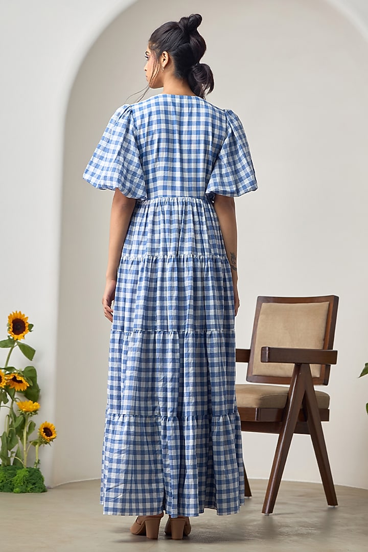 Blue & White Cotton Embroidered Checkered Tiered Vacation Dress by Maisolos at Pernia's Pop Up Shop