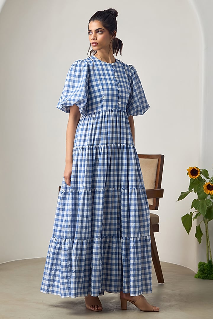 Blue & White Cotton Embroidered Checkered Tiered Vacation Dress by Maisolos at Pernia's Pop Up Shop