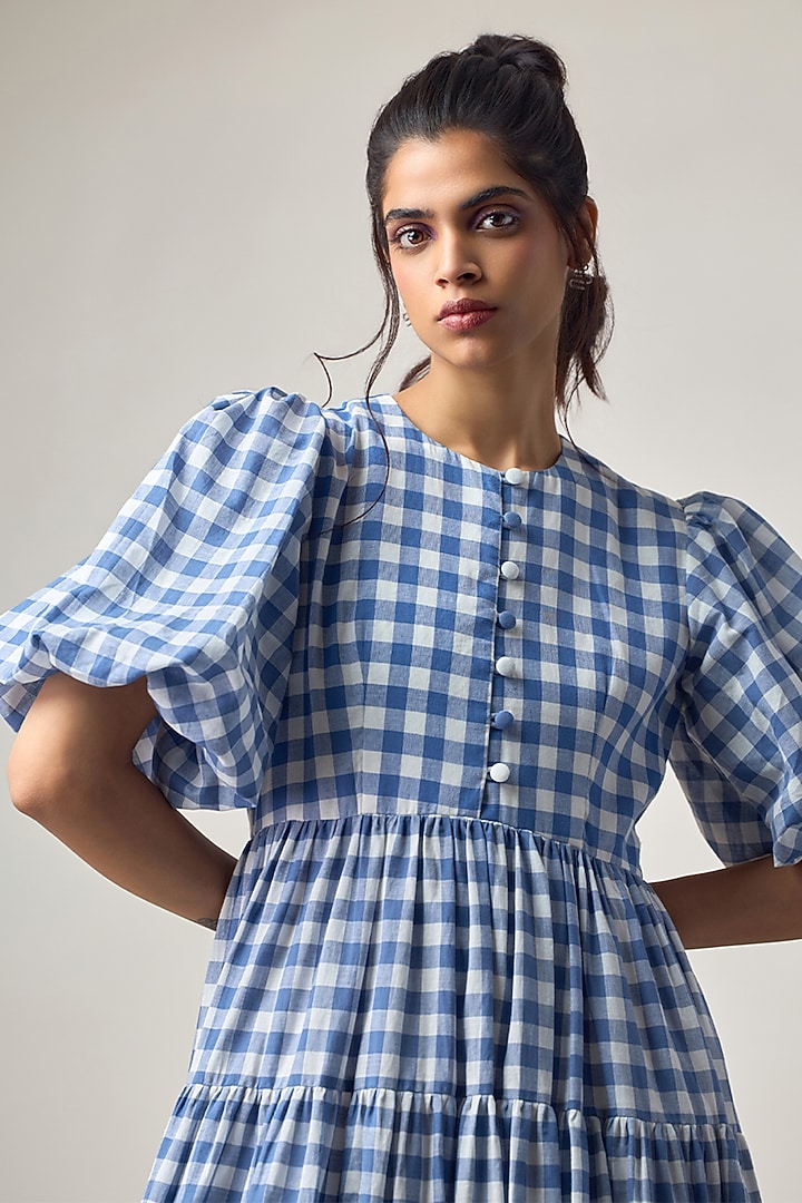 Blue & White Cotton Embroidered Checkered Tiered Vacation Dress by Maisolos at Pernia's Pop Up Shop