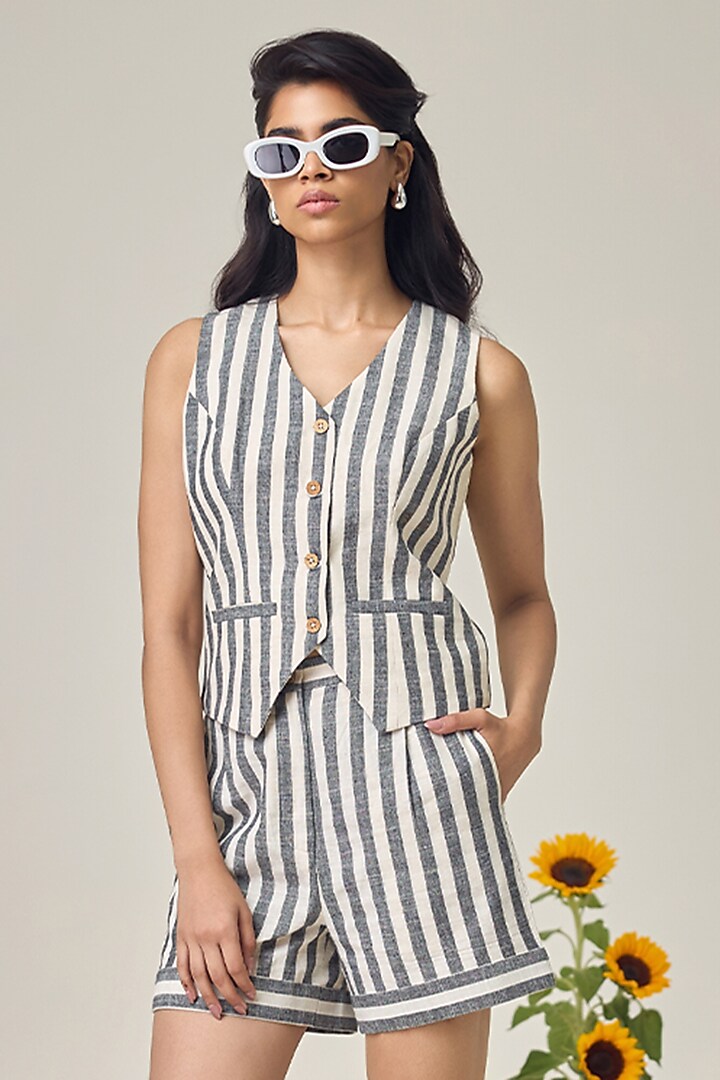 Ivory & Black Cotton Striped Co-Ord Set by Maisolos at Pernia's Pop Up Shop