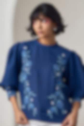 Navy Blue Jute Linen Floral Embroidered Top by Maisolos at Pernia's Pop Up Shop