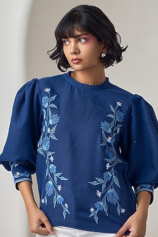 Navy Blue Jute Linen Floral Embroidered Top by Maisolos