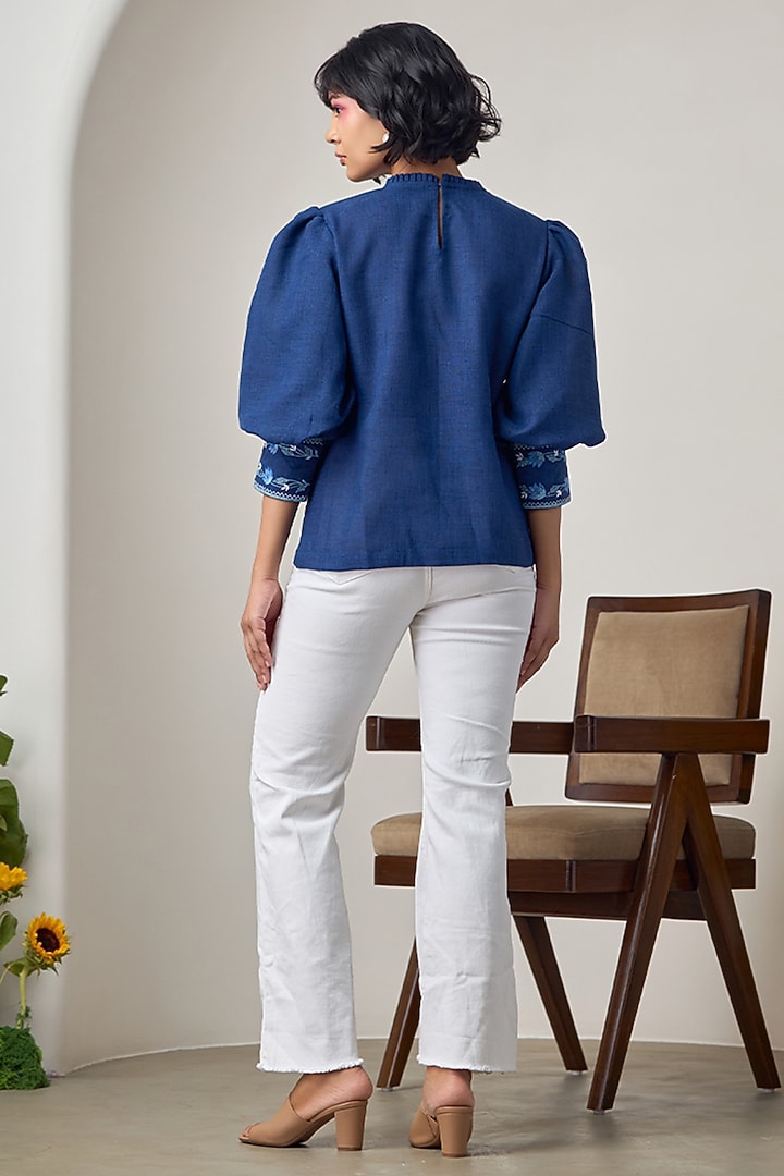 Navy Blue Jute Linen Floral Embroidered Top by Maisolos at Pernia's Pop Up Shop