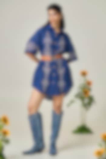 Navy Blue Jute Linen Embroidered Shirt Summer Dress by Maisolos at Pernia's Pop Up Shop