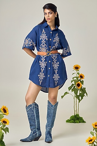 Navy Blue Jute Linen Embroidered Shirt Dress by Maisolos