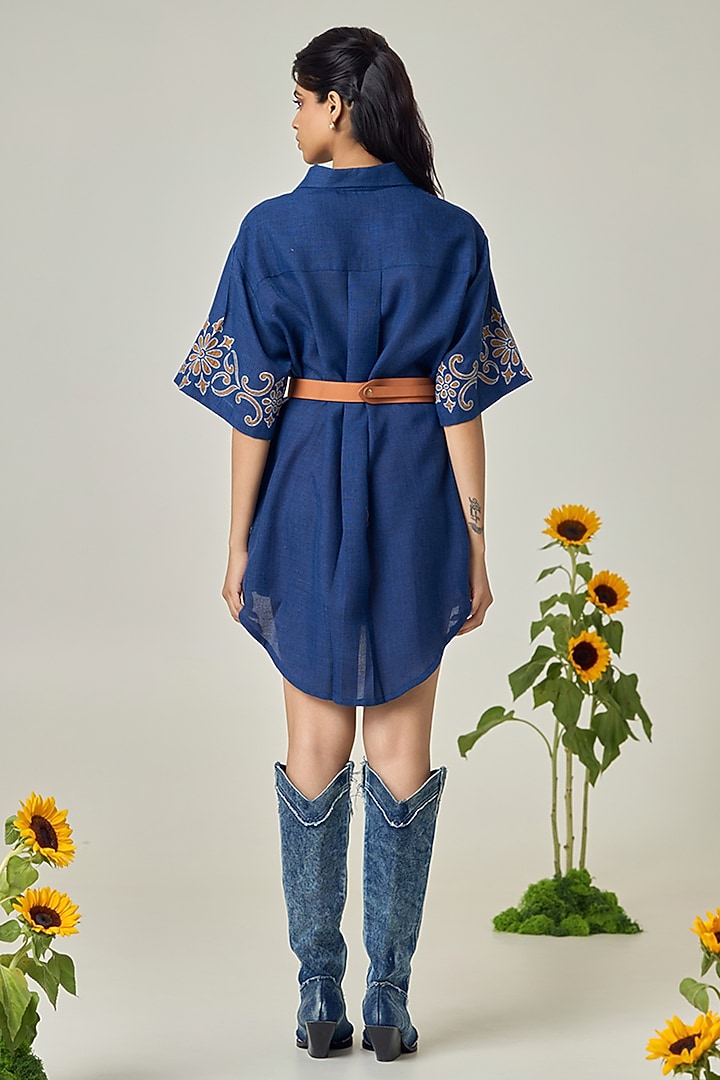 Navy Blue Jute Linen Embroidered Shirt Summer Dress by Maisolos at Pernia's Pop Up Shop