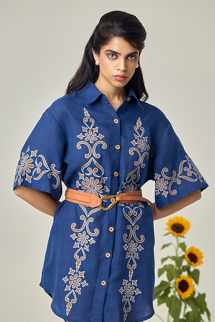 Navy Blue Jute Linen Embroidered Shirt Summer Dress by Maisolos at Pernia's Pop Up Shop