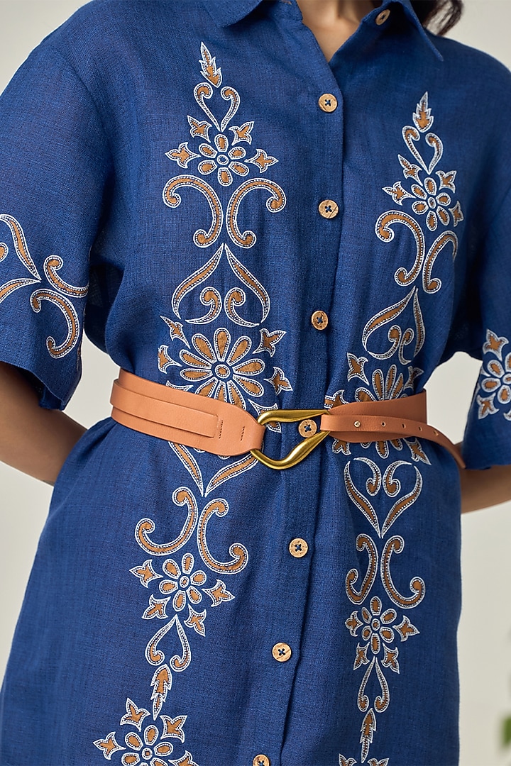 Navy Blue Jute Linen Embroidered Shirt Summer Dress by Maisolos at Pernia's Pop Up Shop