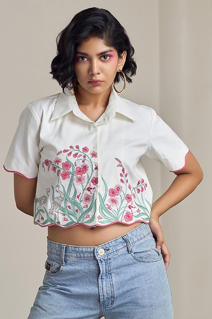 Ivory Poplin Floral Embroidered Shirt by Maisolos at Pernia's Pop Up Shop