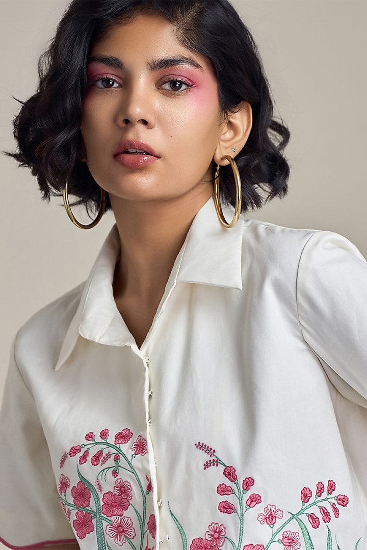 Ivory Poplin Floral Embroidered Shirt by Maisolos at Pernia's Pop Up Shop
