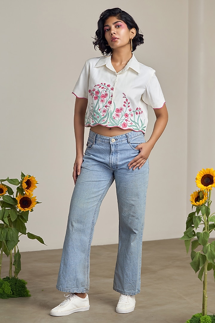 Ivory Poplin Floral Embroidered Shirt by Maisolos at Pernia's Pop Up Shop