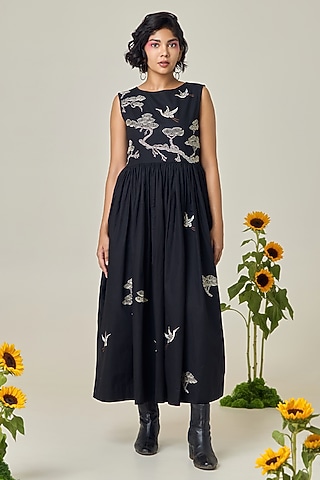 Black Poplin Embroidered Sleeveless Dress by Maisolos