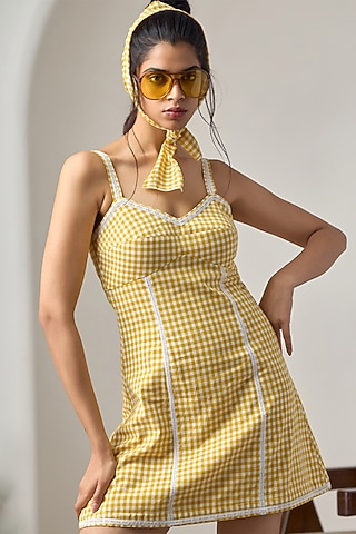 Yellow & White Cotton Strappy Dress by Maisolos